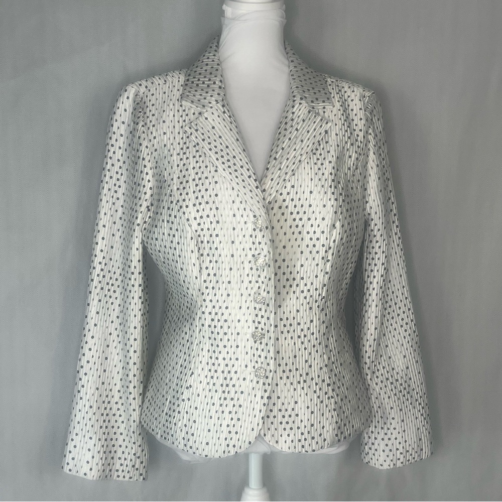 Jackie Jon Blazer Formal Satin White w/Black Polk a Dots Rhinestone Buttons 8P👍